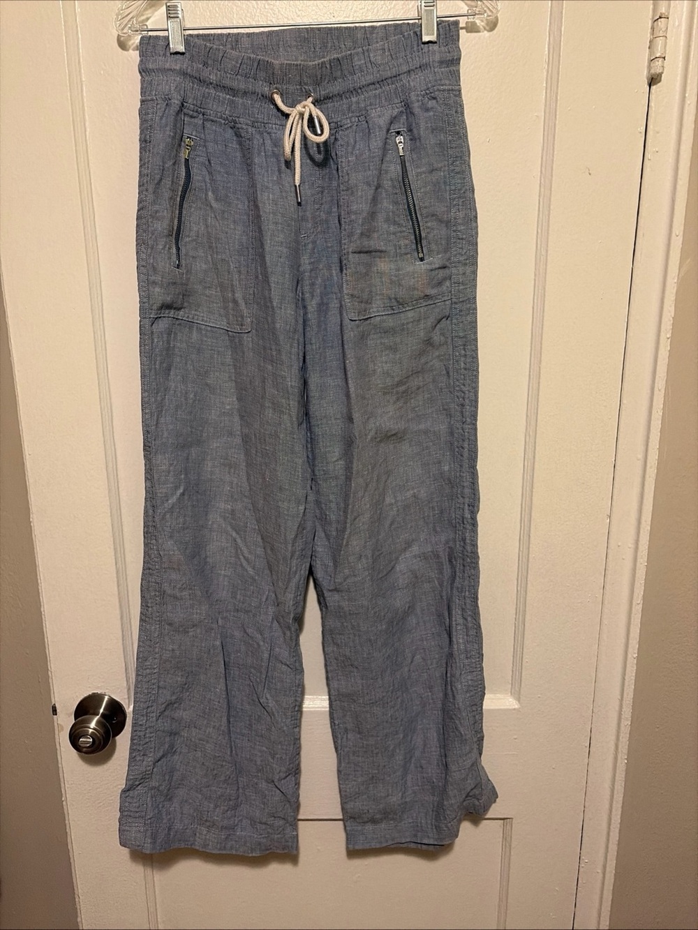 Athleta Cabo Linen Wide Leg Pants Women Size 6 Blue Casual Beach Boho Trouser